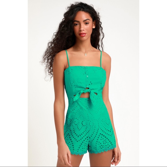 Lulus Other - Lulu's Keala Green Tie-Front Eyelet Lace Romper